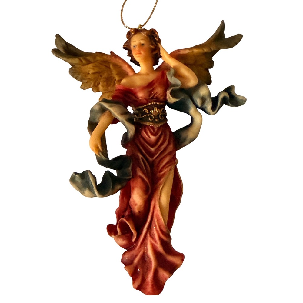 Vintage Style Resin Angel Christmas Ornament Red Gown Gold Wings 4.75 Inch